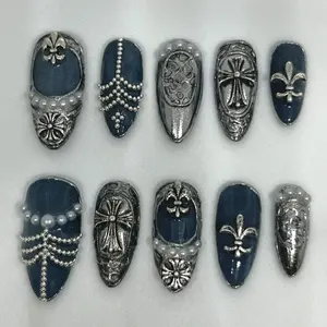 Gothic Royal Press On Nails, Blue Silver Cross & Fleur de Lis Design, 3D Pearl Chrome Nails, Almond Shape Luxury Nail Set