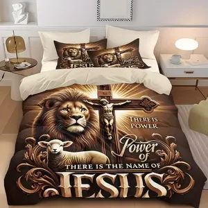Three-Piece Lion Cross Jesus Pattern Digital Print Bedding Set, Includes 1 Fitted Sheet and 2 Pillowcases, Breathable Soft Polyester Fiber