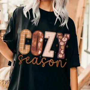 Comfort Colors Cozy Season tshirt – Faux Embroidery Design for Fall & Halloween – Retro Autumn Sublimation & DTF Transfer