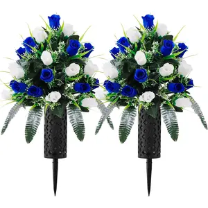 2 Sets Artificial Cemetery Flowers for Grave, Outdoor Grave Decorations Bouquet with Cemetery Vase, Memorial Flowers for Gravesite, Weather Resistant Grave Flower for Cemetery Decor(White + Dark Blue)