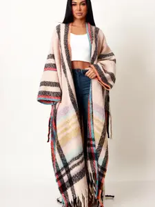 Multi Color Plaid Blend Open Front Long Cardigan