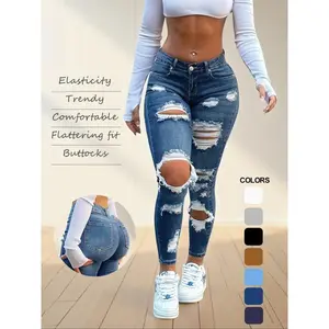 Women's High Waist Ripped Skinny Jeans, Elastic Vintage Denim Jeans, Butt Lifting Design, Casual Fashion for Daily Wear
