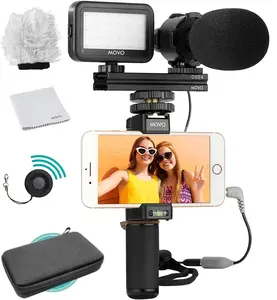 Movo Vlog Kit V7 - YouTube Starter Kit with Grip Stereo Microphone Light and Wireless Remote Vlogging Kit for iPhone for YouTube TikTok Vlogging Equipment for iPhone/Android - iPhone Vlogging Kit