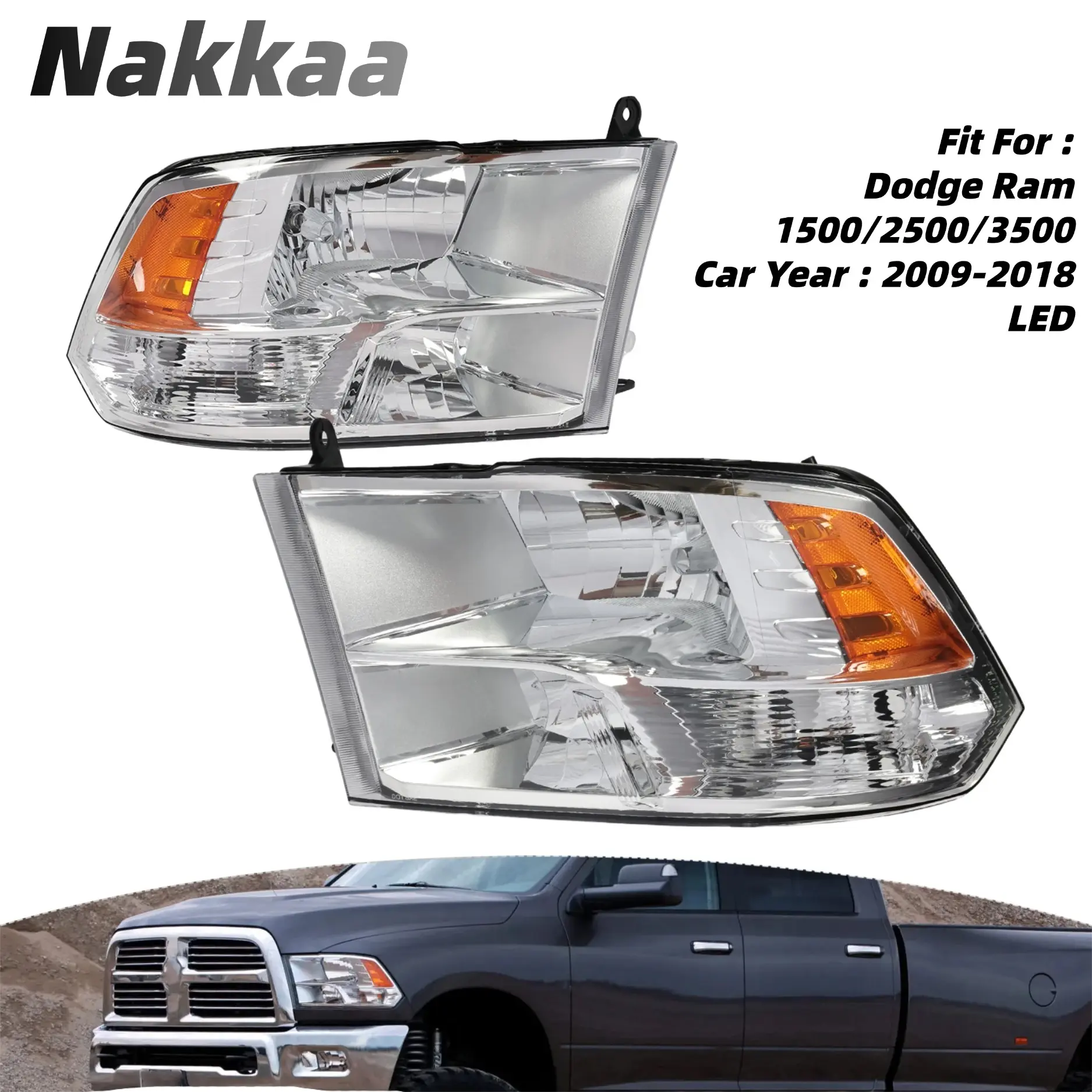 Nakkaa Fit For 2009-2018 Dodge Ram 1500/2500/3500 Pickup Headlights Assembly ,Black or Chrome Housing ,with High/Low Beam Bulbs ,1Pair 2Pcs ,Optional Specifications