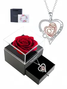 Love Mother Daughter Necklace Gift Set, Elegant Copper Love Heart Pendant with Acrylic Drawer Single Rose Gift Box and Greeting Card, Perfect for Mother's Day, Birthdays and Christmas