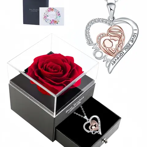 Love Mother Daughter Necklace Gift Set, Elegant Copper Love Heart Pendant with Acrylic Drawer Single Rose Gift Box and Greeting Card, Perfect for Mother's Day, Birthdays and Christmas, Chain Necklaces