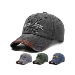 Vintage Denim Embroidered Baseball Cap, Washed Jean Sun Hat, Unisex Fit Outdoor Shade Cap, Varied Patterns, All-Season Wear, M Label Embroidery Stitching