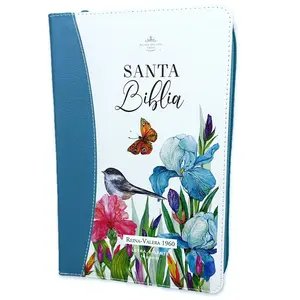 Bible in Spanish for Women with Zipper 14 point Giant Font Reina Valera 1960 Imitation Leather Floral Turquoise Butterfly with Index and Floral Spine