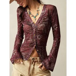 Boho Paisley Button Down T Shirt V Neck Vintage Y2K Long Sleeve Fitted Fall Tee Tops