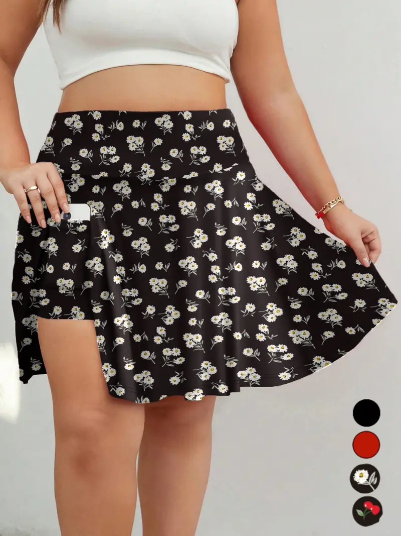【Plus Size】 Solid / Ditsy Floral Print Pocket Design Skort, Fashion Casual Cute 2 in 1 Short Skirt for Daily Outdoor Wear, Women Plus Clothing for Summer，napkin skirts