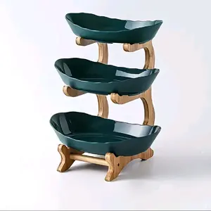 2-Tier/3-Tier Luxurious Elegant Fruit Holder Multi-Level Bamboo Kitchen Storage Rack for Family Snacks Bread Plastic Trays Living Room Space-Saving Design Easy to Assemble