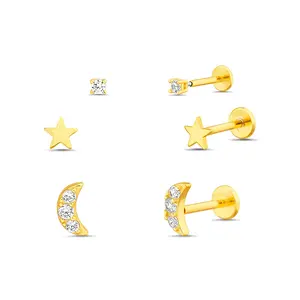 Sterling Silver Gold Polished Star & Clear CZ Crescent Stud Flatback Earrings Set