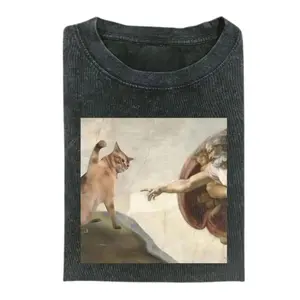 Retro Vintage Graphic Tee with Cat Painting Unisex Meme T Shirt for Streetwear