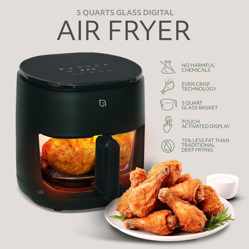 CookWithWillow 5QT Non-Toxic Air Fryer with Glass Bowl & Digital Display Large Touchscreen Oven 1500W Dishwasher Safe Eco-Friendly Recycled Plastic