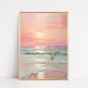 Blush Pink Coastal Beach Preppy Ocean Painting Poster |Pastel Sunset Print |Boho Wall Art |Decor Girly Dorm Teen Room Prints