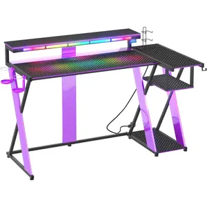 Computer Desk with Music Sync Light, Flow Vibe Corner Desk with Monitor Stand and PS5 Storage Shelves, Cup Holders, and Headset Hooks for Bedroom Small Space (Black Purple, 57 Inch)