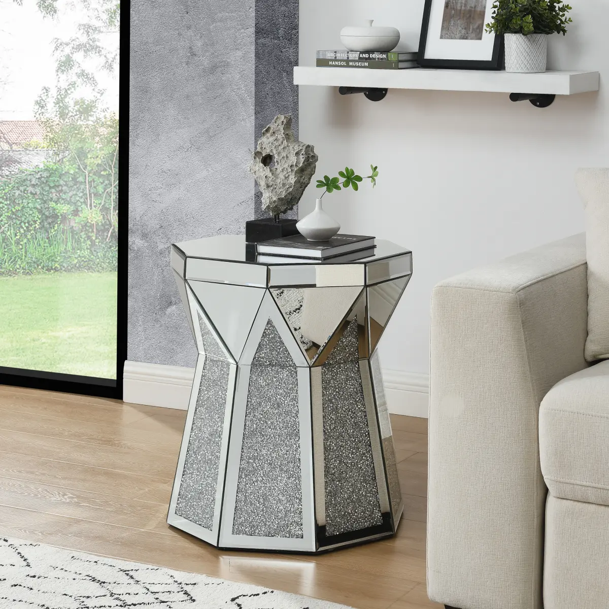 Crystal Mirrored Octagon Side Table, Living Room Side Table Couch Side Table, Mid Century Modern Side Table Accent Table, Small End Table Bedside Table Mirrored Nightstand for Bedroom Corner