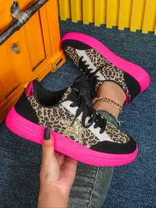 Women's Fashion Leopard Print Low Top Sneakers, Lace-Up Round Toe Skate Shoes, Comfortable Casual Sporty Style for All Seasons