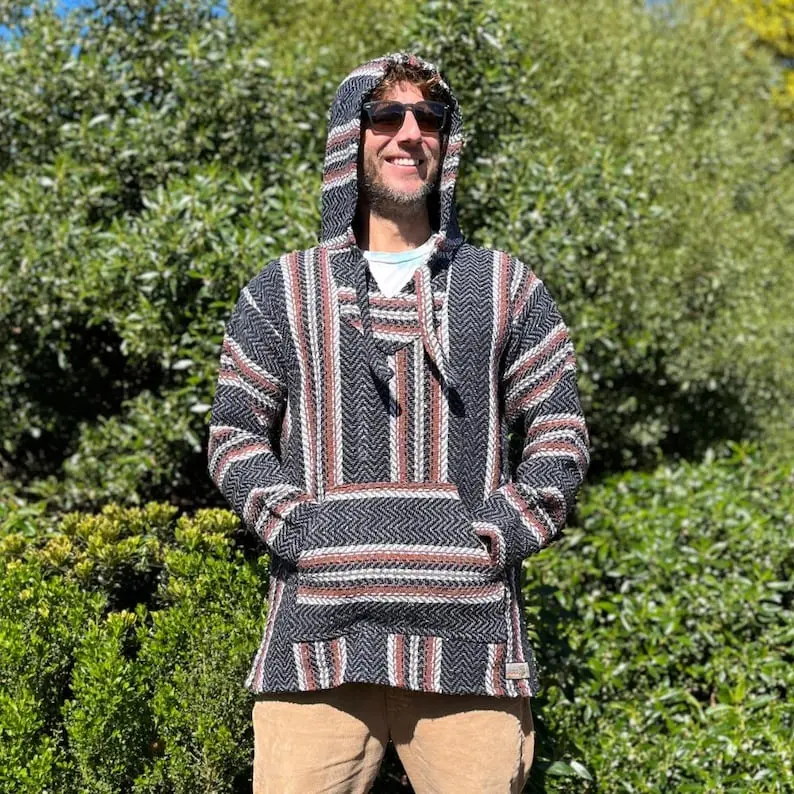 Mexican Poncho Baja Hoodie - Hooded Sweater - Dark Grey Rust Mexican Style Hoodie with Stripes