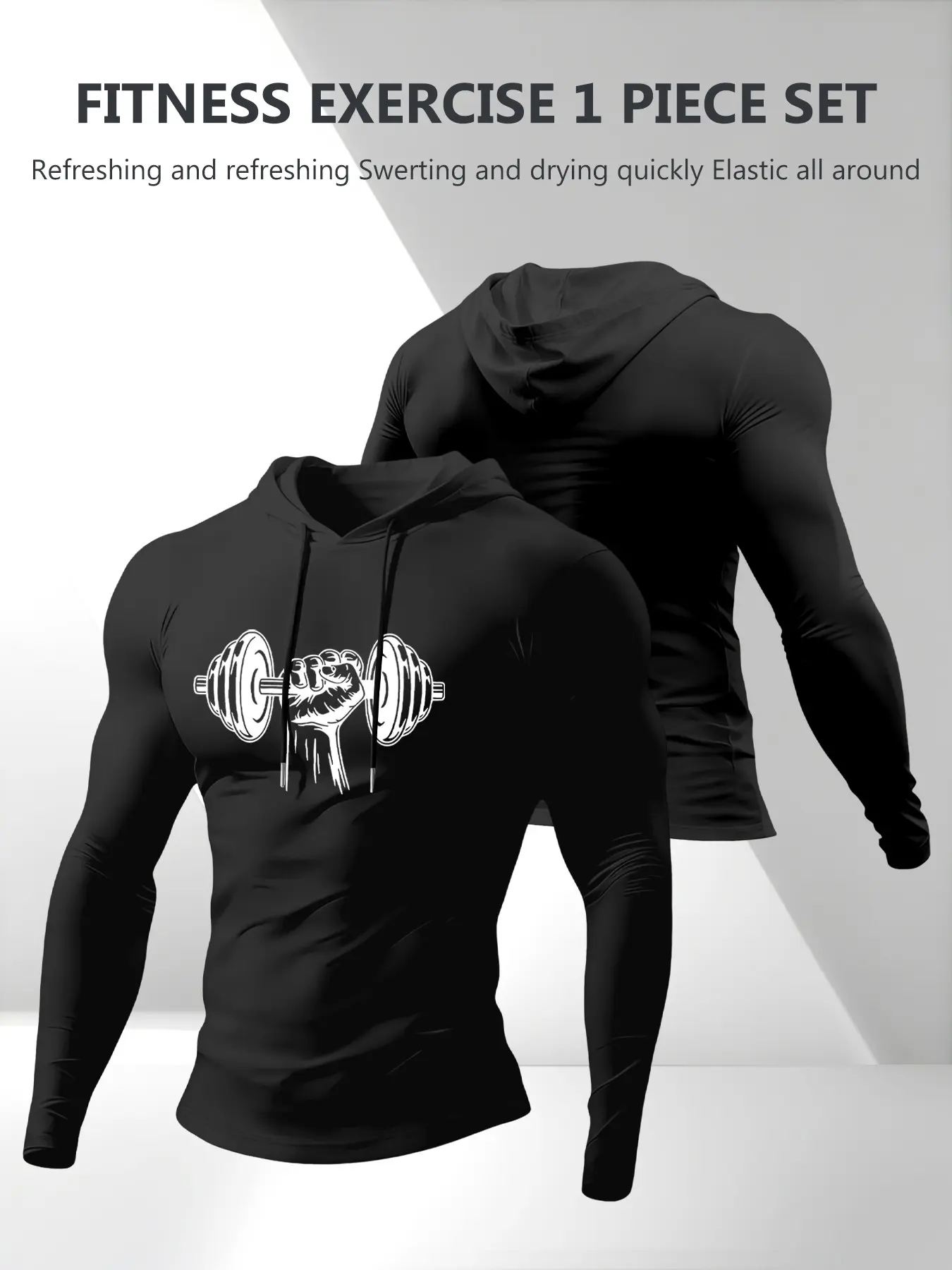 Men's Drawstring Hooded Long Sleeve T-Shirt, Dumbbell Print Design, Sporty Style, Comfortable Fit, All Seasons Wear, Gym T Shirts, Athletic Fashion Activewear