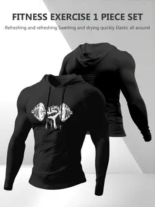 Men's Drawstring Hooded Long Sleeve T-Shirt, Dumbbell Print Design, Sporty Style, Comfortable Fit, All Seasons Wear, Gym T Shirts