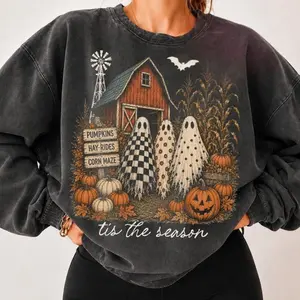 Tis The Season Ghost Trio Sweatshirt, Pumpkin Patch Ghosts Shirt, Farmhouse Halloween Shirt, Checkered Floral Polka Dot Ghosts, Fall Sweatshirt