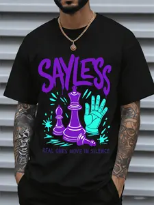 Fashion Men T - Shirt, Sayless Chess Graphic Printed White T- Shirt, 180gsm 100% Cotton Crew Neck Short Sleeve, Casual Simple Spring/Summer Cooling T-shirt, Saint Patrick Day&Easter Gifts for Family And Friends, Minimalist, Smooth Texture, Streetwear