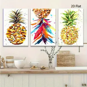 2D flat design, a set of three 2D flat abstract fruit patterns, including a pineapple on a white background, is perfect for decorating your home office, kitchen, bathroom, or bedroom. This is a great holiday gift and can be hung up