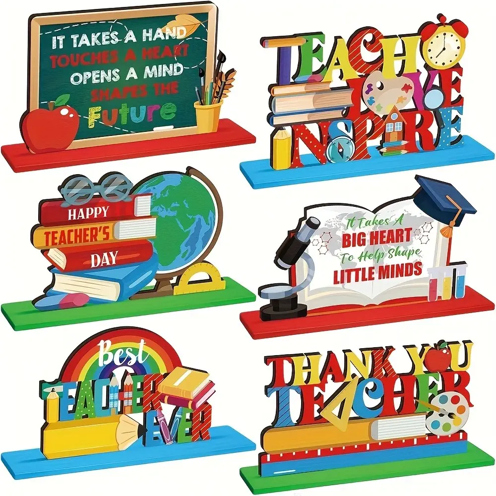 6-Piece Wooden Centerpiece Decor Set, Colorful Classroom & Creative Desktop Decoration, Teacher Appreciation Gift, School Office Supplies, Wooden Letter Sign, Decorative Plaque and Sign