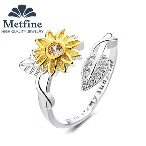 Hot two-color sunflower flower ring female fashion design sense opening zirconia letters jewelry
