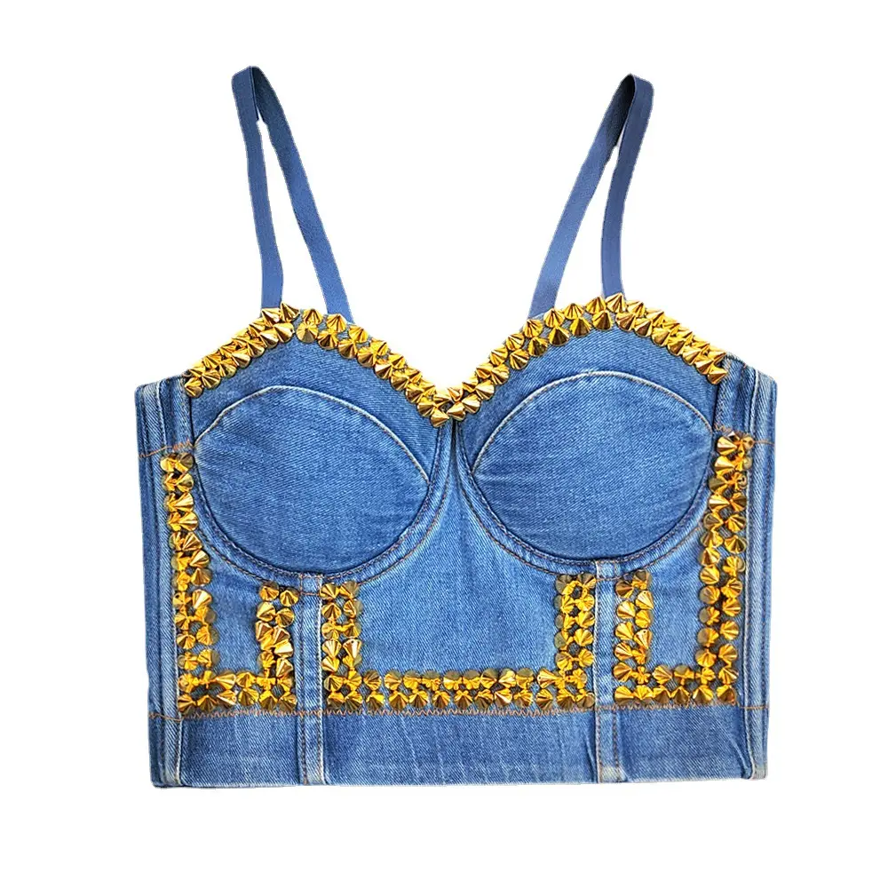 Women's Sleeveless Denim Corset Top - Sexy Fishbone Bustier with Rivet Accents for Rave Party Outfits