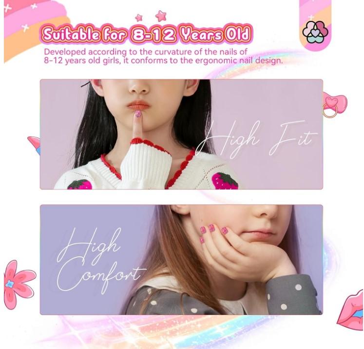 SAVILAND Press on Nails for Kids 168PCS: Kid Press on Nail for Girls Colorful Patterns Kids Fake Nails Tips Strong Adhesion Short Square False Acrylic Nail Art Christmas Easter Gifts 8-12 Years Child