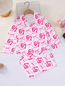 Fire Retardant Fabric Sleepwear Set, Cute Cartoon Print Long Sleeve Top & Elastic Pants, Casual All-Season Kids Pajamas