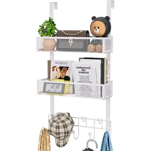 Over The Door Organizer with Coat Hooks and 2 Baskets, Stainless Steel Rustproof Over The Door Hanger Hooks for Bathroom, Kitchen, Bedroom-White (for 1.76in Doors)