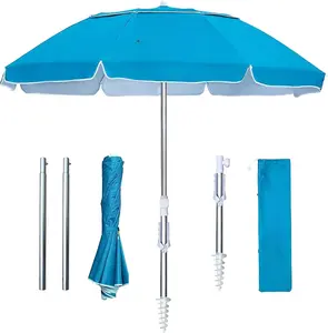 6.5ft Twice Folded Portable beach umbrella with Sand Anchor Windproof Tilt Pole Air vent UPF 50+ Protection Fits in a large Suitcase Compact For Travel Patio Garden Pool Backyard Sky Blue