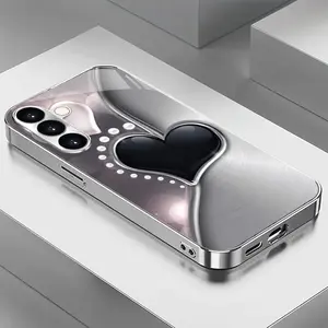 High-end Fashion Trend Pearl Love Curve Pattern Silver Plated Glass Phone Case for Samsung for Galaxy S25 24 23 22 21 20 Plus A05 06 14 15 16 24 25 26 34 35 36 54 55 56 trendy protective cover