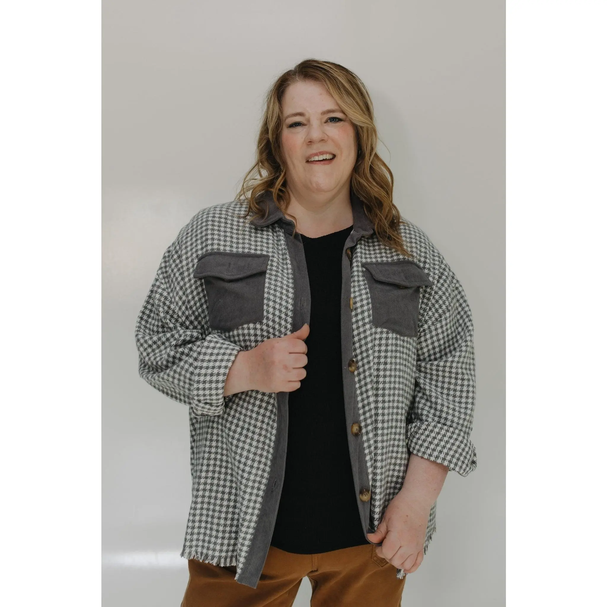 Women's Plus-Size Houndstooth Print Corduroy Cotton-Polyester Blend Coat - Chic Collared 1-Piece Lightweight Breathable Jacket, 2X-4X, 3X, Low Iron, Do Not Bleach, Hand Wash Only, Hang Dry, Cloth Women's Casual Jackets for Office Wear