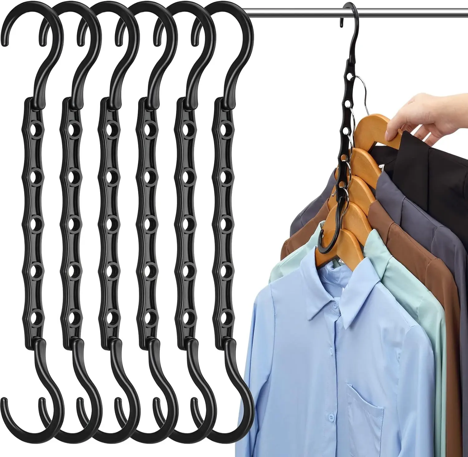 6-Pack Space Saving Hangers, Black Cascading Closet Organizer for Clothes, Multi-Hole Wardrobe Storage Hangers for Dorm & Small Spaces