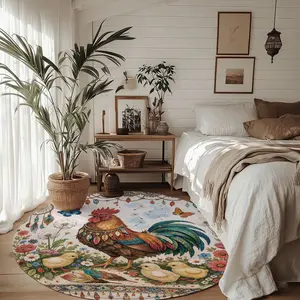 Round Rug for Living Room, 4Ft Round Washable Rug, Country Style Rooster Small Circle Kitchen Area Rugs, Non Slip Circular Rugs, Soft Round Carpet for Bedroom, Office, Kitchen Entryway, Bathroom
