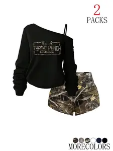 Women's Y2K Gothic Style Two-Piece Set Outfit, Off-Shoulder Letter Print T-Shirt, Camouflage High-Waisted Shorts, Casual Sporty Fitness