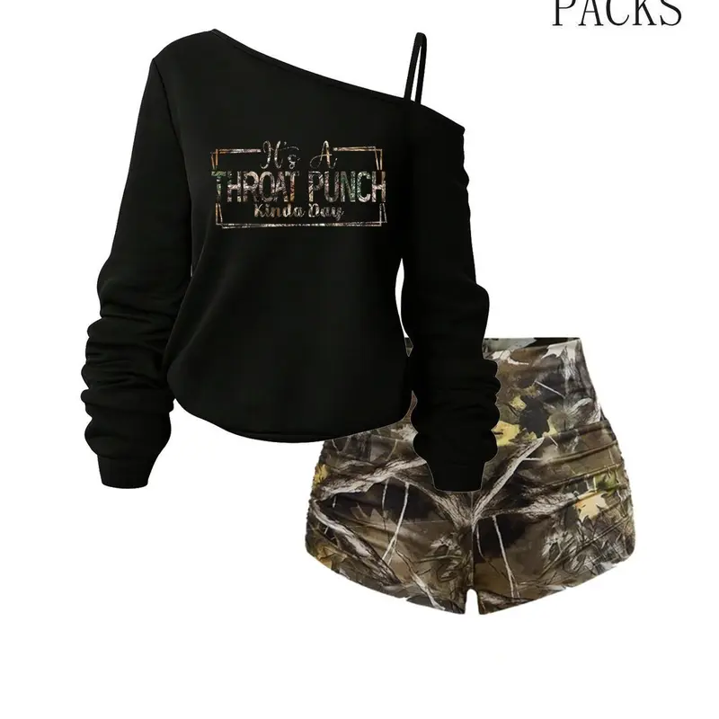 Women's Y2K Gothic Style Two-Piece Set, Clothing Sets, Off-Shoulder Letter Print T-Shirt & Camouflage High-Waisted Shorts, Trendy Casual Matching Set for Daily Wear