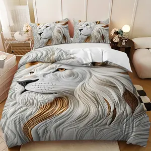 Bedding 3-piece set - 3PCS,White and Brown 3D Mane Lion Design Down Comforter Set (1 comforter cover + 2 pillowcases, filling not included) - soft and comfortable, suitable for family bedrooms.