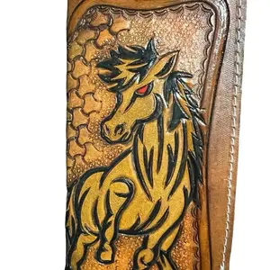 Men's Horse Embossed Leather Rodeo Wallet - Hand Tooled Western Design in Brown Color - Genuine Leather
