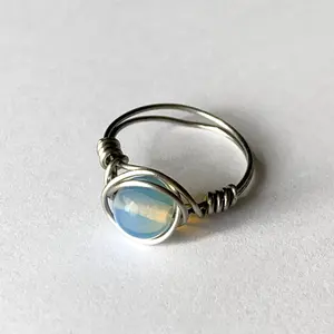 White Opal Ring Wire Wrapped in Stainless Steel Wire