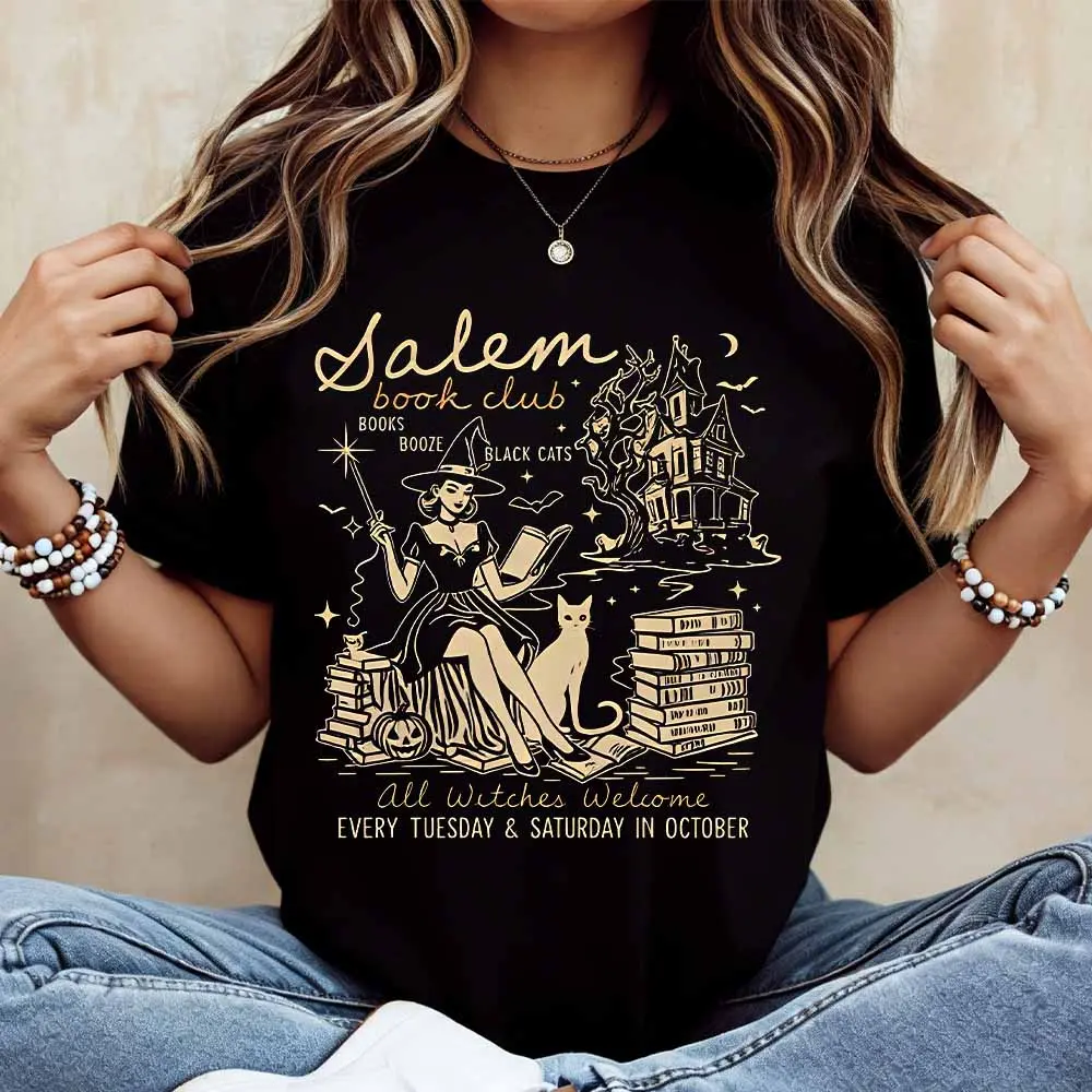 Salem Book Club Witch And Cat With Castle And Books Print T Shirt  Casual Loose Fit For Everyday Wear And Outdoor Activities