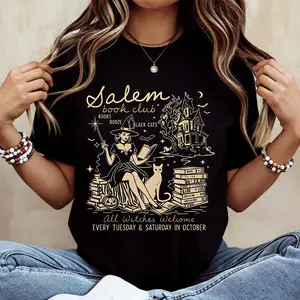 Salem Book Club Witch And Cat With Castle And Books Print T Shirt  Casual Loose Fit For Everyday Wear And Outdoor Activities