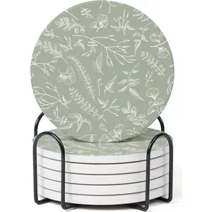 Set of 6 Floral Sage Green Coasters with Holder, Absorbent Ceramic Drink Coasters with Cork Backing for Table Protection, Coffee Table Décor