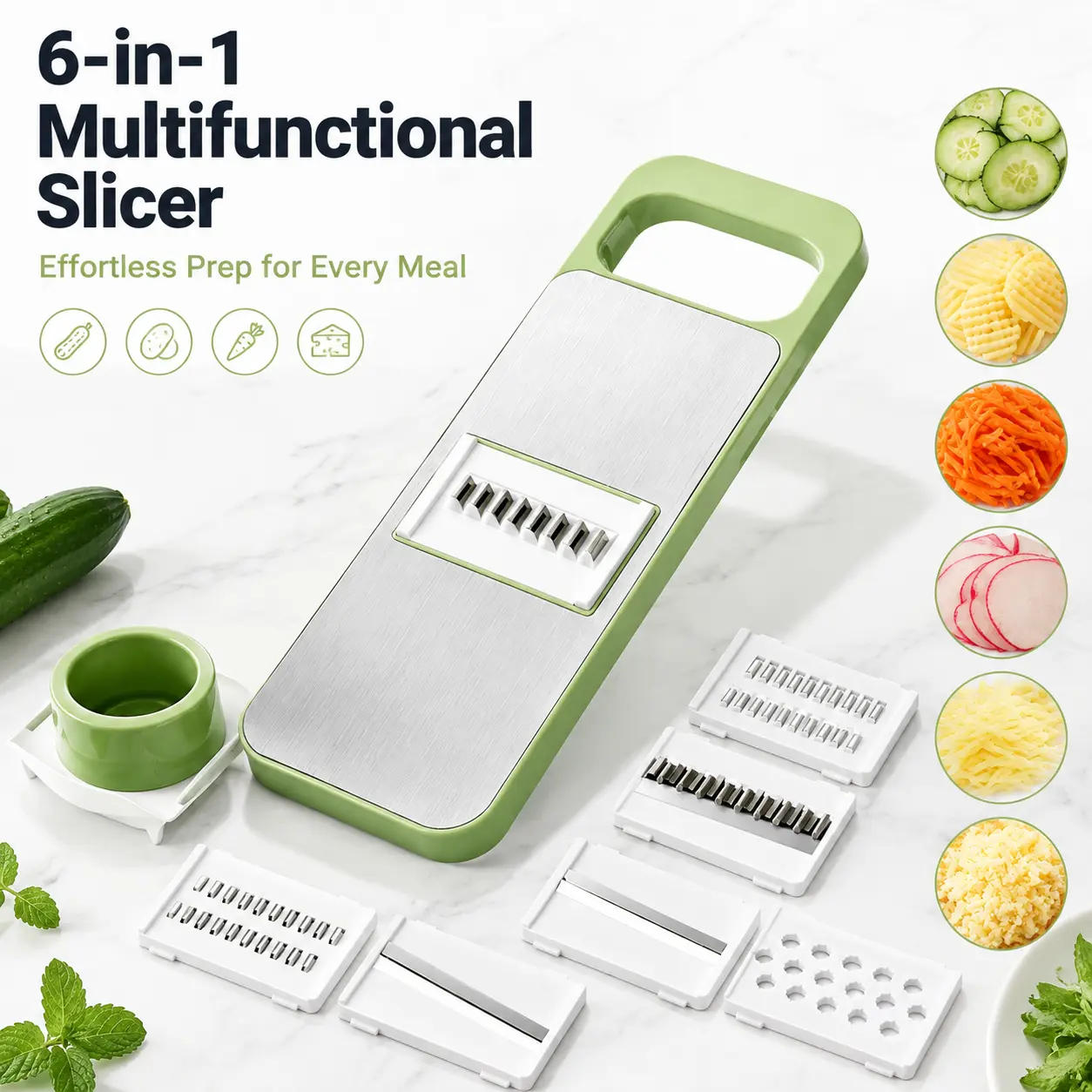 Thick Stainless Steel Kitchen Cheese Grater - 6-in-1 Machine Tool with Smooth Vegetable Slicer, Potato Chipper, Veggie Shredder, Cutter, Peeler for Small Size Home Kitchen Tasks (Green, Garlic Compatible)