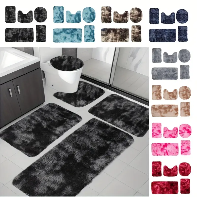 5pcs Bathroom Rugs Combo Set - Bathroom Accessory with Rectangle Toilet Cover, U-Shaped Contour Mat, Synthetic Water Absorbent Bathmat, Slip-Safe Footing, Washable Rug, Easy Daily Care for Bathtub/Shower (Black)