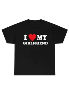 Men's Slogan & Heart Print Round Neck Tee, Summer Clothes Regular Fit "I Love My GF" Print Crew Neck Short Sleeve T-Shirt for Daily Outdoor Wear, Casual Comfy Knitting Top for Summer